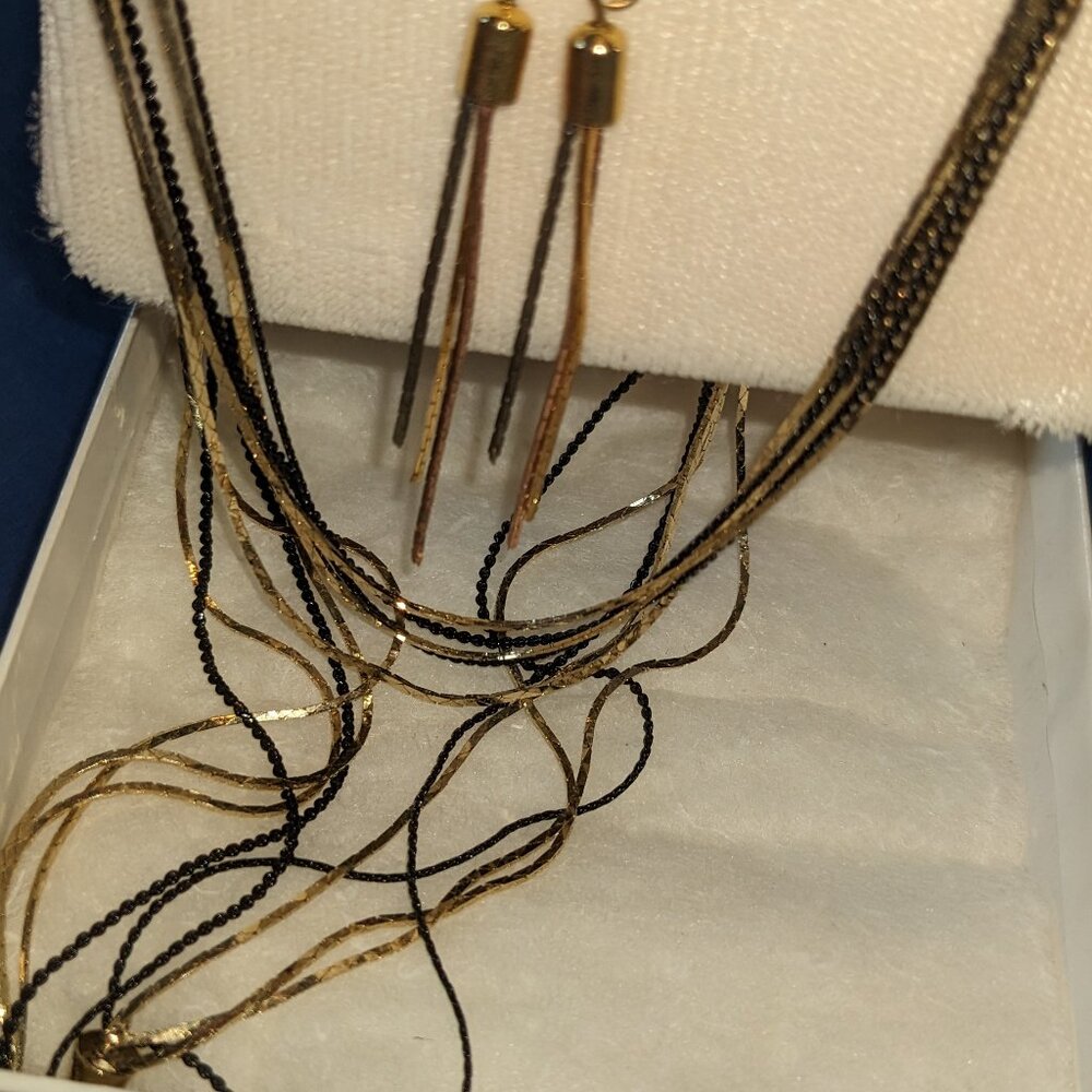 Vintage Five Strand Black & Gold Necklace with Matching Dangle Earrings